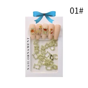 Gold nail frame charms set with floral design samples labeled 01#
