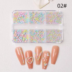 Style 02# macaron nail bead set with nude-tone nail designs using pastel microbeads