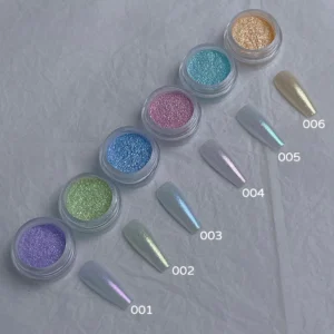 Individual glitter powder jars with swatches displayed vertically by number