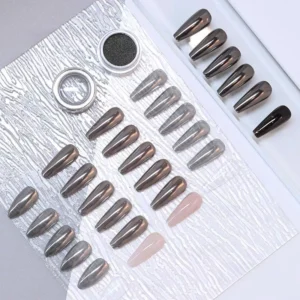 Transparent base chrome powder effect in progressive nail swatches with jar