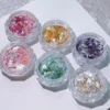 Shell Glitter Nail Charms set featuring dried flowers and iridescent flakes in clear pots