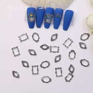 Blue nail design with silver vintage alloy frame nail embellishments
