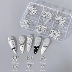 Silver metal bow nail decorations with detailed size labels
