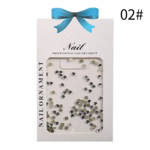 Minimalist small square silver nail gems in packaging