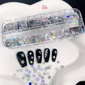 Silver holographic snowflake and floral nail glitter sequins with black tips