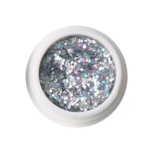Close-up of silver holographic star glitter in a plastic jar