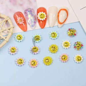 Nail art with classic yellow smiley nail charms from 01# paired with plaid nail designs