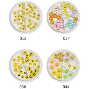 Smiley bloom nail charms in resin wheel boxes, labeled 01# to 04#