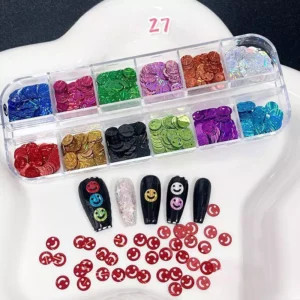 Glossy smiley face nail sequins in neon and metallic shades, shown with black nails