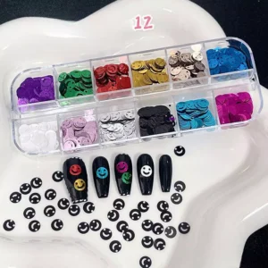 Smiley face nail sequins in assorted bold and pastel colors used in nail art