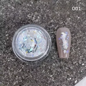 Aurora Opal Nail Sequins in white prism shimmer with iridescent flakes on nail