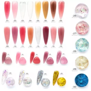 Solid Glitter Gel Polish color chart with 30 crystal-inspired shades in pots and swatches