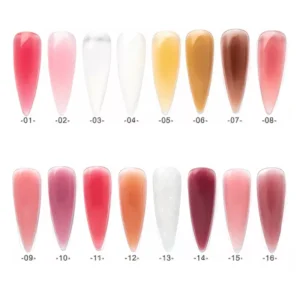 Close-up of 16 solid gel polish shades in pink, nude, and brown tones