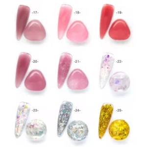 Solid gel polish swatches with gel structure and texture for shades 17–25