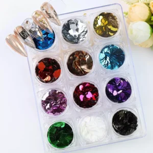 Metallic heart nail glitter set with gold, silver, red, and blue tones