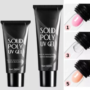 Solid Poly UV Gel tubes in 30ml and 60ml sizes with swatches