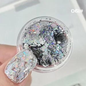 Sparkle Rainbow Silver Mix – holographic nail glitter with stars, shells, and fish shapes.