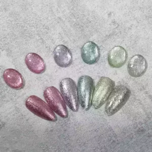 Assorted Diamond Gel Polish swatches in pastel and silver hues