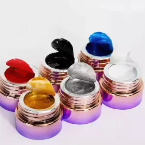 Open jars showing thick, high-viscosity Spider Gel Polish in various shades