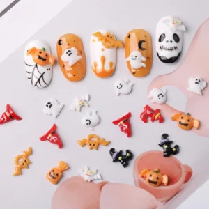 Resin Halloween nail charms including pumpkins, ghosts, and witches