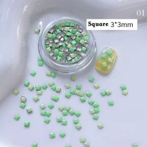 Macaron Nail Decorations in green and silver square shapes, 3mm size