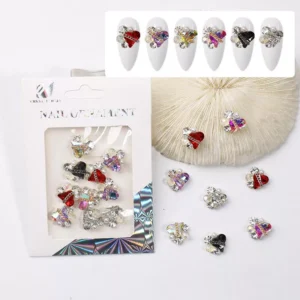 Mixed color stacked heart nail charms with K9 zircon and pearls in retail packaging