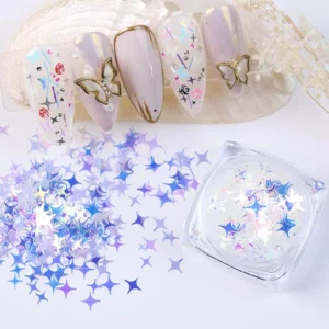 Iridescent star glitter for nails with sample art in soft nude tones