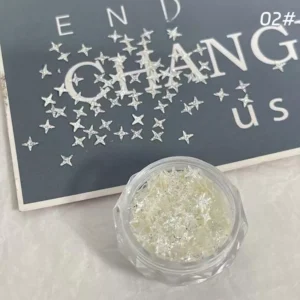 Crystal star glitter flakes in transparent jar, holographic finish