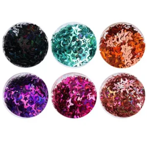 Six close-up color variations of hollow star nail glitter in circular pans