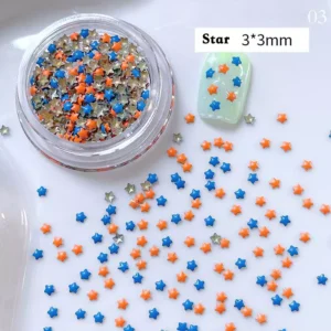 Star-shaped macaron glitter in blue, orange, and silver for nail art