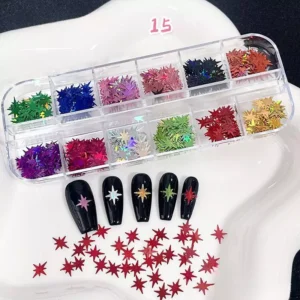 Pointed star nail glitter in rich hues with glossy black nail designs