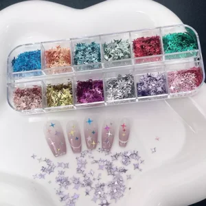 Sparkle star-shaped nail sequins in holographic mix with demo nails
