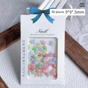 Product packaging with assorted smiley starfish nail charms, labeled 01
