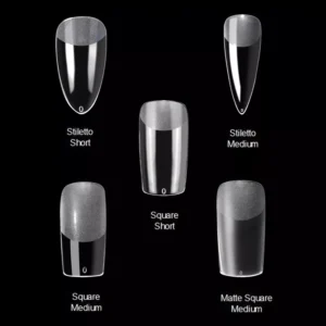 Stiletto and square soft gel nail tips in both short and medium sizes, matte and glossy finishes
