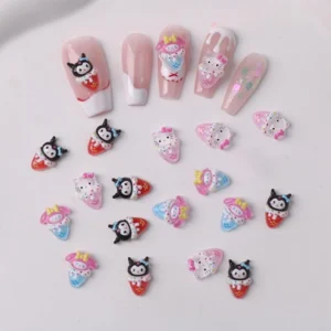 Strawberry-themed 3D cartoon nail charms in resin finish