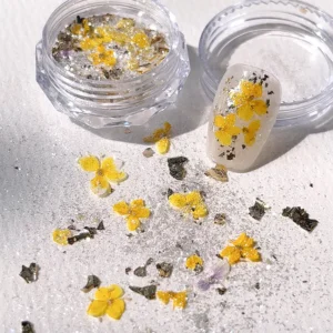 Yellow floral nail glitter mix with gold foil and silver sparkle