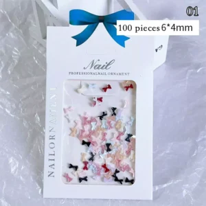 Assorted pastel and black 3D bow nail charms – 100pcs, 6×4mm, resin