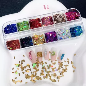 Multicolor teardrop-shaped holographic nail glitter sequins in 12 compartments with nail art display