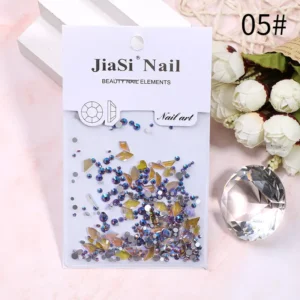 Holographic blue and amber rhinestones in irregular shapes