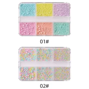 Two styles of colorful macaron nail beads labeled 01# and 02# with different finishes