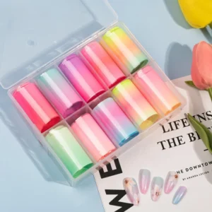 Bright pastel nail foil transfers in yellow, pink, mint, and coral tones