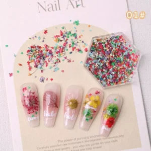 Colorful dried flower flakes in hex case with floral nail design