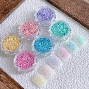 A vibrant glitter assortment for creating unique and fun nail art designs.