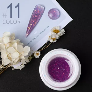 Vibrant purple sparkle builder gel in open jar with matching swatch