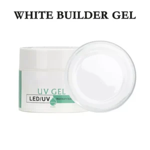 White Builder Gel shown in jar with lid removed
