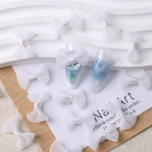 White tulle bow nail charms with holographic base