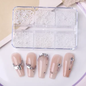 Classic white pearl nail beads with full neutral nail decoration