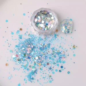 Aurora nail glitter in frosty blue and silver tones with a holographic effect