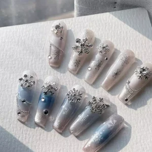 Full nail sets using Snowflake Zircon Nail Charms with gradient and matte finishes