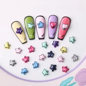 Close-up of Y2K Nail Charms with 3D star and heart shapes on colorful nail tips